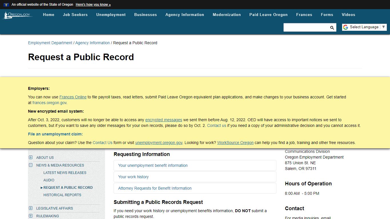 State of Oregon: Agency Information - Request a Public Record